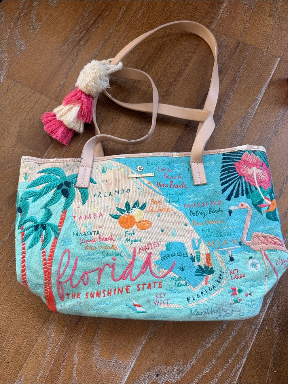 Spartina 449 Florida Canvas Tote in Teal, Pink & Tan with Tassel